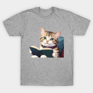 Funny Cute Kawaii Anime Book Lover Bookworm Reading Cat T-Shirt